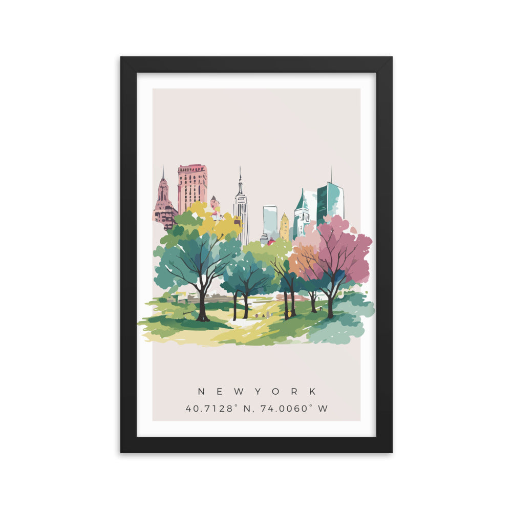 New York Skyline and Central Park - Watercolour Framed Print